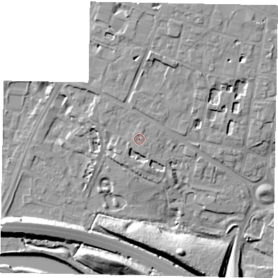 Shaded relief map of the ground around SL12DE, computed from Environment Agency LiDAR. The ground here sits at about 27 m above sea level and falls 14 m across the surrounding 800 m. Surface water reaching this point runs off ground lying to the north-north-east, 0.7 m higher.