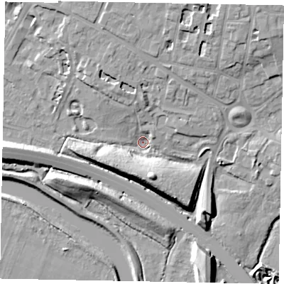 Shaded relief map of the ground around SL12DH, computed from Environment Agency LiDAR. The ground here sits at about 20 m above sea level and falls 13 m across the surrounding 800 m. Surface water reaching this point runs off ground lying to the south-south-east, 11.1 m higher.