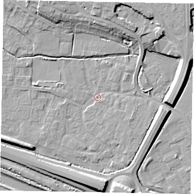 Shaded relief map of the ground around SL12DL, computed from Environment Agency LiDAR. The ground here sits at about 21 m above sea level and falls 12 m across the surrounding 800 m. Surface water reaching this point runs off ground lying to the north-north-east, 10.6 m higher.
