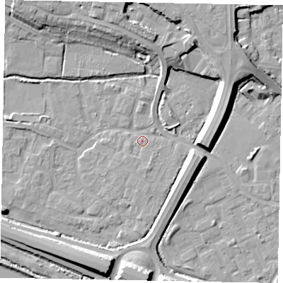 Shaded relief map of the ground around SL12DU, computed from Environment Agency LiDAR. The ground here sits at about 21 m above sea level and falls 12 m across the surrounding 800 m. Surface water reaching this point runs off ground lying to the north-north-east, 10.6 m higher.