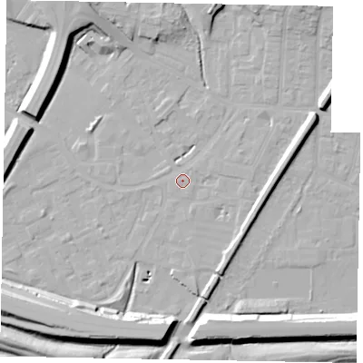 Shaded relief map of the ground around SL12ES, computed from Environment Agency LiDAR. The ground here sits at about 22 m above sea level and falls 14 m across the surrounding 800 m. Surface water reaching this point runs off ground lying to the south-south-east, 0.5 m higher.