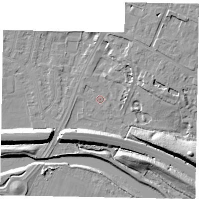 Shaded relief map of the ground around SL12JE, computed from Environment Agency LiDAR. The ground here sits at about 20 m above sea level and falls 13 m across the surrounding 800 m. Surface water reaching this point runs off ground lying to the north-west, 1.1 m higher.