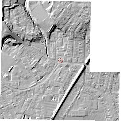 Shaded relief map of the ground around SL12JG, computed from Environment Agency LiDAR. The ground here sits at about 21 m above sea level and falls 13 m across the surrounding 800 m. Surface water reaching this point runs off ground lying to the north-north-east, 8.4 m higher.