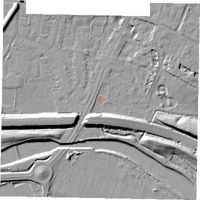 Shaded relief map of the ground around SL12JH, computed from Environment Agency LiDAR. The ground here sits at about 20 m above sea level and falls 12 m across the surrounding 800 m. Surface water reaching this point runs off ground lying to the south-south-west, 7.7 m higher.