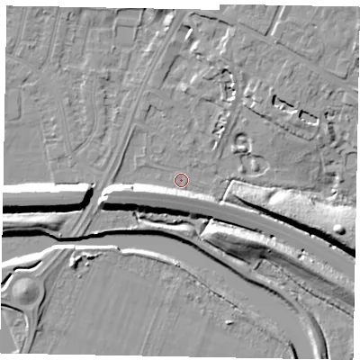 Shaded relief map of the ground around SL12JJ, computed from Environment Agency LiDAR. The ground here sits at about 20 m above sea level and falls 13 m across the surrounding 800 m. Surface water reaching this point runs off ground lying to the west, 7.7 m higher.