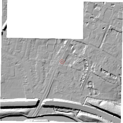 Shaded relief map of the ground around SL12JN, computed from Environment Agency LiDAR. The ground here sits at about 21 m above sea level and falls 14 m across the surrounding 800 m. Surface water reaching this point runs off ground lying to the south-south-west, 1.6 m higher.
