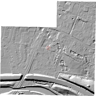 Shaded relief map of the ground around SL12JP, computed from Environment Agency LiDAR. The ground here sits at about 21 m above sea level and falls 14 m across the surrounding 800 m. Surface water reaching this point runs off ground lying to the north-north-east, 10.7 m higher.