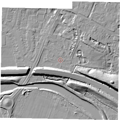 Shaded relief map of the ground around SL12JQ, computed from Environment Agency LiDAR. The ground here sits at about 20 m above sea level and falls 13 m across the surrounding 800 m. Surface water reaching this point runs off ground lying to the west-south-west, 7.7 m higher.