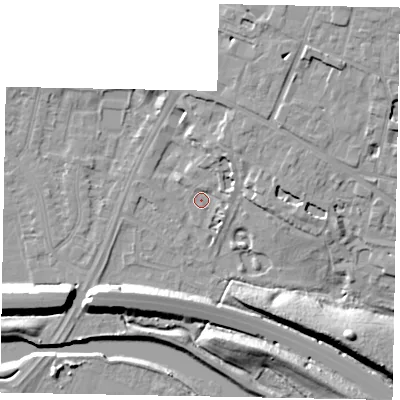 Shaded relief map of the ground around SL12JW, computed from Environment Agency LiDAR. The ground here sits at about 20 m above sea level and falls 14 m across the surrounding 800 m. Surface water reaching this point runs off ground lying to the north-east, 5.2 m higher.