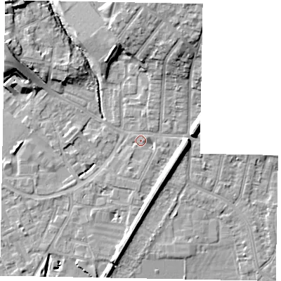 Shaded relief map of the ground around SL12NJ, computed from Environment Agency LiDAR. The ground here sits at about 22 m above sea level and falls 14 m across the surrounding 800 m. Surface water reaching this point runs off ground lying to the north-north-east, 8.4 m higher.
