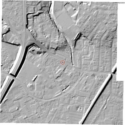 Shaded relief map of the ground around SL12NL, computed from Environment Agency LiDAR. The ground here sits at about 21 m above sea level and falls 11 m across the surrounding 800 m. Surface water reaching this point runs off ground lying to the north-north-east, 9.9 m higher.