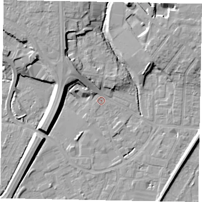 Shaded relief map of the ground around SL12NN, computed from Environment Agency LiDAR. The ground here sits at about 21 m above sea level and falls 13 m across the surrounding 800 m. Surface water reaching this point runs off ground lying to the north-west, 7.7 m higher.