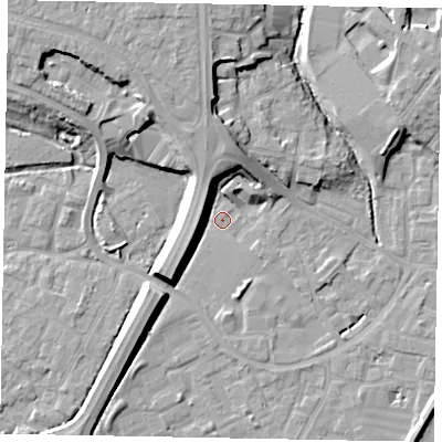 Shaded relief map of the ground around SL12NP, computed from Environment Agency LiDAR. The ground here sits at about 20 m above sea level and falls 11 m across the surrounding 800 m. Surface water reaching this point runs off ground lying to the west-north-west, 8.8 m higher.