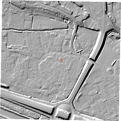 Shaded relief map of the ground around SL12PA, computed from Environment Agency LiDAR. The ground here sits at about 22 m above sea level and falls 12 m across the surrounding 800 m. Surface water reaching this point runs off ground lying to the south-east, 1.6 m higher.