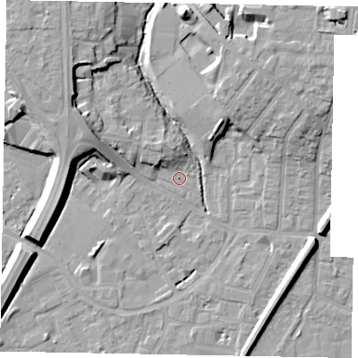 Shaded relief map of the ground around SL12PE, computed from Environment Agency LiDAR. The ground here sits at about 22 m above sea level and falls 13 m across the surrounding 800 m. Surface water reaching this point runs off ground lying to the north-west, 4.1 m higher.