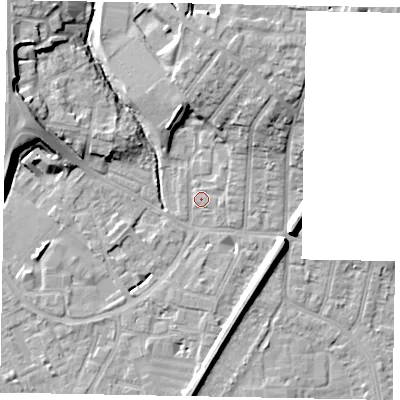 Shaded relief map of the ground around SL12PH, computed from Environment Agency LiDAR. The ground here sits at about 22 m above sea level and falls 11 m across the surrounding 800 m. Surface water reaching this point runs off ground lying to the north-north-east, 7.9 m higher.
