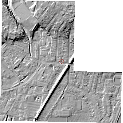 Shaded relief map of the ground around SL12PN, computed from Environment Agency LiDAR. The ground here sits at about 22 m above sea level and falls 13 m across the surrounding 800 m. Surface water reaching this point runs off ground lying to the north, 6.7 m higher.