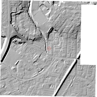 Shaded relief map of the ground around SL12PQ, computed from Environment Agency LiDAR. The ground here sits at about 21 m above sea level and falls 11 m across the surrounding 800 m. Surface water reaching this point runs off ground lying to the north-north-east, 9.8 m higher.