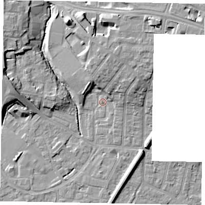 Shaded relief map of the ground around SL12QB, computed from Environment Agency LiDAR. The ground here sits at about 22 m above sea level and falls 13 m across the surrounding 800 m. Surface water reaching this point runs off ground lying to the north-north-east, 8.7 m higher.