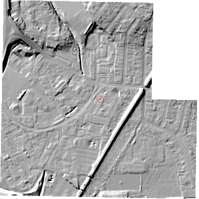 Shaded relief map of the ground around SL12RU, computed from Environment Agency LiDAR. The ground here sits at about 22 m above sea level and falls 14 m across the surrounding 800 m. Surface water reaching this point runs off ground lying to the south-south-east, 1.3 m higher.