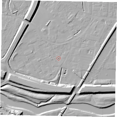 Shaded relief map of the ground around SL12SA, computed from Environment Agency LiDAR. The ground here sits at about 21 m above sea level and falls 17 m across the surrounding 800 m. Surface water reaching this point runs off ground lying to the south-south-east, 13.6 m higher.