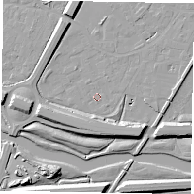 Shaded relief map of the ground around SL12SB, computed from Environment Agency LiDAR. The ground here sits at about 21 m above sea level and falls 17 m across the surrounding 800 m. Surface water reaching this point runs off ground lying to the south-east, 13.6 m higher.