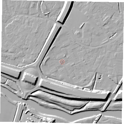 Shaded relief map of the ground around SL12SD, computed from Environment Agency LiDAR. The ground here sits at about 21 m above sea level and falls 17 m across the surrounding 800 m. Surface water reaching this point runs off ground lying to the south-east, 13.6 m higher.