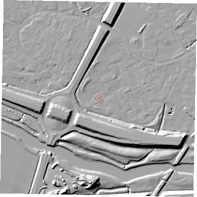 Shaded relief map of the ground around SL12SE, computed from Environment Agency LiDAR. The ground here sits at about 21 m above sea level and falls 17 m across the surrounding 800 m. Surface water reaching this point runs off ground lying to the east-south-east, 13.6 m higher.