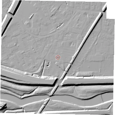 Shaded relief map of the ground around SL12SF, computed from Environment Agency LiDAR. The ground here sits at about 21 m above sea level and falls 17 m across the surrounding 800 m. Surface water reaching this point runs off ground lying to the south-east, 0.7 m higher.