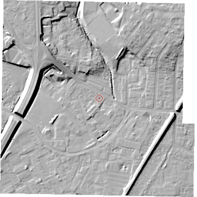Shaded relief map of the ground around SL12SJ, computed from Environment Agency LiDAR. The ground here sits at about 21 m above sea level and falls 11 m across the surrounding 800 m. Surface water reaching this point runs off ground lying to the north-north-east, 9.9 m higher.