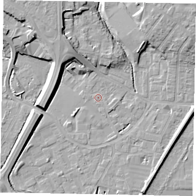 Shaded relief map of the ground around SL12SL, computed from Environment Agency LiDAR. The ground here sits at about 21 m above sea level and falls 14 m across the surrounding 800 m. Surface water reaching this point runs off ground lying to the north-east, 9.9 m higher.