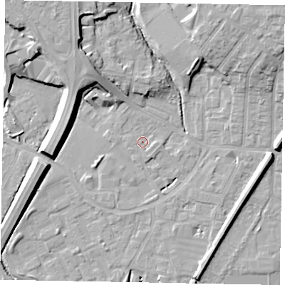 Shaded relief map of the ground around SL12SN, computed from Environment Agency LiDAR. The ground here sits at about 21 m above sea level and falls 14 m across the surrounding 800 m. Surface water reaching this point runs off ground lying to the north-east, 9.9 m higher.