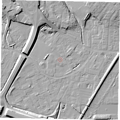 Shaded relief map of the ground around SL12SP, computed from Environment Agency LiDAR. The ground here sits at about 21 m above sea level and falls 14 m across the surrounding 800 m. Surface water reaching this point runs off ground lying to the north-east, 9.3 m higher.