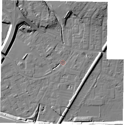 Shaded relief map of the ground around SL12SQ, computed from Environment Agency LiDAR. The ground here sits at about 21 m above sea level and falls 14 m across the surrounding 800 m. Surface water reaching this point runs off ground lying to the north-north-east, 9.1 m higher.