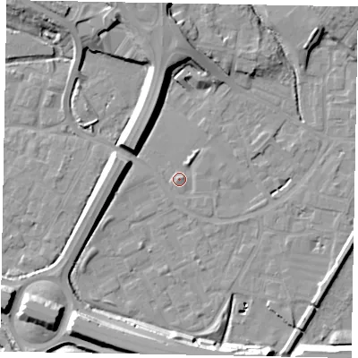 Shaded relief map of the ground around SL12SR, computed from Environment Agency LiDAR. The ground here sits at about 22 m above sea level and falls 14 m across the surrounding 800 m. Surface water reaching this point runs off ground lying to the north-east, 4.7 m higher.