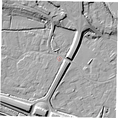 Shaded relief map of the ground around SL12SU, computed from Environment Agency LiDAR. The ground here sits at about 21 m above sea level and falls 14 m across the surrounding 800 m. Surface water reaching this point runs off ground lying to the north, 10.5 m higher.