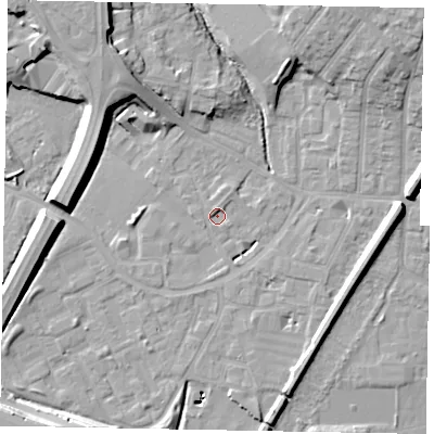 Shaded relief map of the ground around SL12SW, computed from Environment Agency LiDAR. The ground here sits at about 21 m above sea level and falls 14 m across the surrounding 800 m. Surface water reaching this point runs off ground lying to the north, 1.3 m higher.