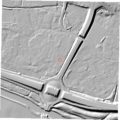 Shaded relief map of the ground around SL12SX, computed from Environment Agency LiDAR. The ground here sits at about 22 m above sea level and falls 12 m across the surrounding 800 m. The ground contributing surface water to this point lies to the north-north-west.