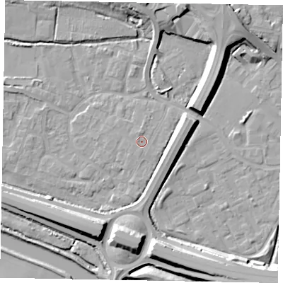 Shaded relief map of the ground around SL12SY, computed from Environment Agency LiDAR. The ground here sits at about 22 m above sea level and falls 12 m across the surrounding 800 m. The ground contributing surface water to this point lies to the south.