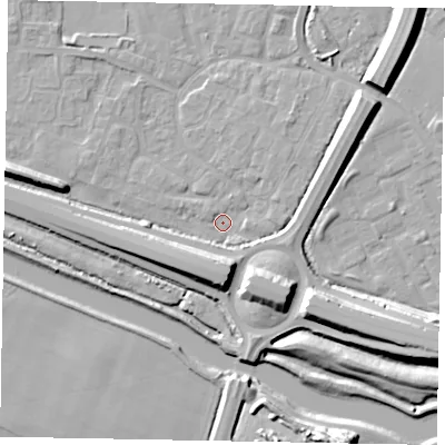 Shaded relief map of the ground around SL12SZ, computed from Environment Agency LiDAR. The ground here sits at about 20 m above sea level and falls 15 m across the surrounding 800 m. Surface water reaching this point runs off ground lying to the north-east, 7.4 m higher.