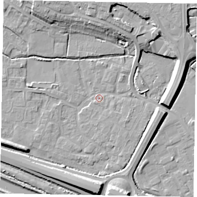 Shaded relief map of the ground around SL12TD, computed from Environment Agency LiDAR. The ground here sits at about 21 m above sea level and falls 12 m across the surrounding 800 m. Surface water reaching this point runs off ground lying to the north-north-east, 10.6 m higher.