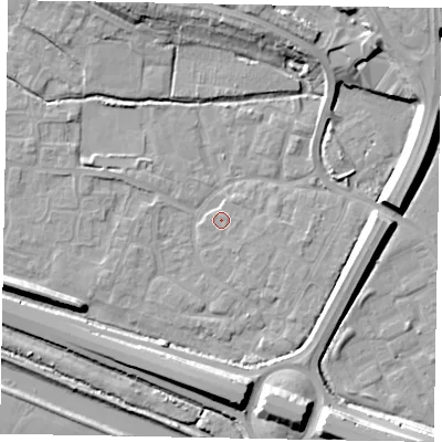 Shaded relief map of the ground around SL12TF, computed from Environment Agency LiDAR. The ground here sits at about 21 m above sea level and falls 12 m across the surrounding 800 m. The ground contributing surface water to this point lies to the east-north-east.