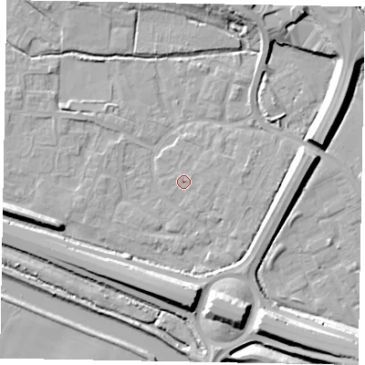 Shaded relief map of the ground around SL12TG, computed from Environment Agency LiDAR. The ground here sits at about 21 m above sea level and falls 11 m across the surrounding 800 m. Surface water reaching this point runs off ground lying to the east, 0.6 m higher.