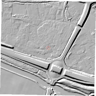 Shaded relief map of the ground around SL12TH, computed from Environment Agency LiDAR. The ground here sits at about 20 m above sea level and falls 12 m across the surrounding 800 m. Surface water reaching this point runs off ground lying to the north-east, 2.6 m higher.