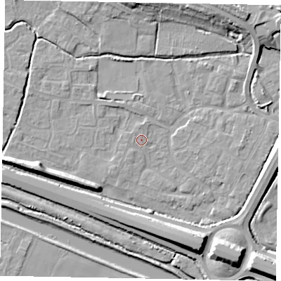 Shaded relief map of the ground around SL12TJ, computed from Environment Agency LiDAR. The ground here sits at about 21 m above sea level and falls 11 m across the surrounding 800 m. Surface water reaching this point runs off ground lying to the south-west, 1.7 m higher.