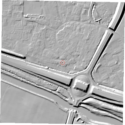 Shaded relief map of the ground around SL12TL, computed from Environment Agency LiDAR. The ground here sits at about 21 m above sea level and falls 11 m across the surrounding 800 m. Surface water reaching this point runs off ground lying to the north-east, 2.6 m higher.