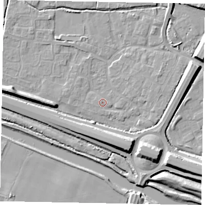 Shaded relief map of the ground around SL12TN, computed from Environment Agency LiDAR. The ground here sits at about 21 m above sea level and falls 11 m across the surrounding 800 m. Surface water reaching this point runs off ground lying to the west, 0.6 m higher.