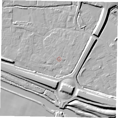 Shaded relief map of the ground around SL12TQ, computed from Environment Agency LiDAR. The ground here sits at about 21 m above sea level and falls 12 m across the surrounding 800 m. Surface water reaching this point runs off ground lying to the north-east, 1.9 m higher.