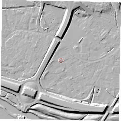 Shaded relief map of the ground around SL12TR, computed from Environment Agency LiDAR. The ground here sits at about 21 m above sea level and falls 14 m across the surrounding 800 m. Surface water reaching this point runs off ground lying to the south-east, 13.6 m higher.