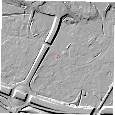 Shaded relief map of the ground around SL12TS, computed from Environment Agency LiDAR. The ground here sits at about 21 m above sea level and falls 14 m across the surrounding 800 m. Surface water reaching this point runs off ground lying to the south-south-east, 13.6 m higher.